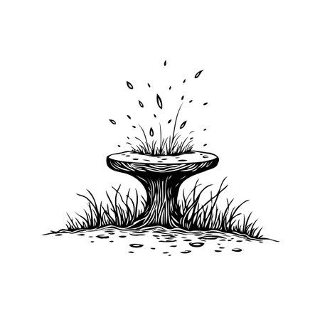 A monochrome drawing of a botanical pedestal featuring a whimsical plant growth. The ethereal design combines botanical elements to create a unique and artistic illustration. This sketch evokes aのイラスト素材