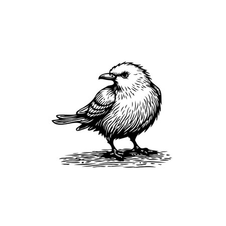 A detailed illustration of a small bird with soft plumage, standing on a textured ground. The artwork creates a vintage engraved aesthetic, and evokes a sense of nature and tranquility. The image isのイラスト素材