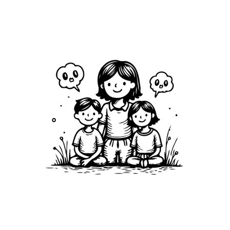 A heartwarming vector illustration displaying a nurturing caregiver standing behind two happy children in a serene outdoor setting. The simple monochrome style enhances the message of love andのイラスト素材