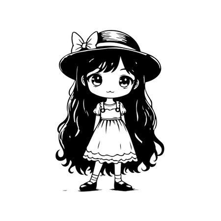 A delightful black and white anime girl image that capture pure sweetness. Features a charming girl with big eyes, wavy hair, wearing a hat and a cute dress. Perfect for designs needing a youthful,のイラスト素材