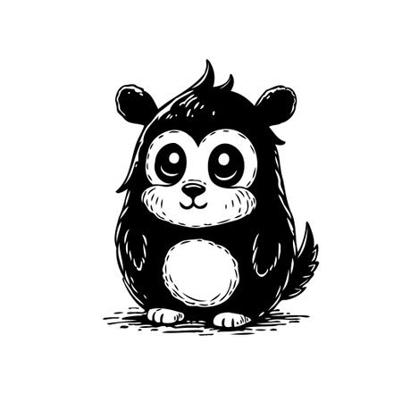 A charming black and white illustration of a cartoon creature. The design is stylized, with expressive eyes and a friendly smile creating a sense of whimsy and joy, perfect for evoking feelings ofのイラスト素材