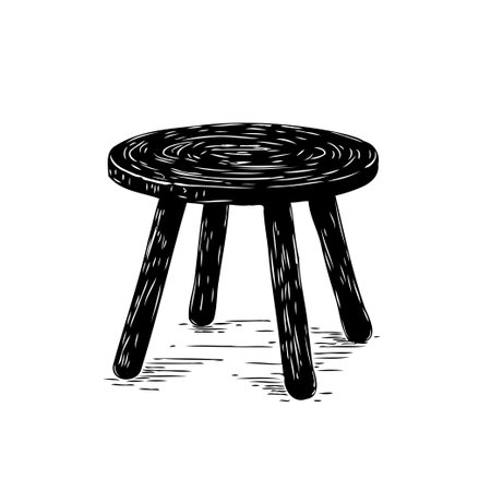 This is a black and white illustration of a three-legged wooden stool, showcasing simple yet rustic design and crafted artistry. The illustration is perfect for illustrating articles about homeのイラスト素材