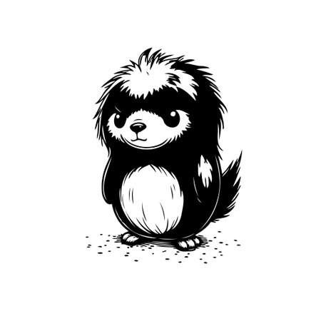 A captivating monochrome illustration features a stylized skunk with a mischievous expression and fluffy fur. Rendered with bold lines, this adorable character is perfect for children's projects,のイラスト素材