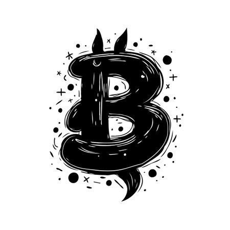 A creatively styled symbol embodies cryptocurrency, illustrating a modern, stylized digital finance concept. The symbol merges artistic elements with technological representation, suggestingのイラスト素材