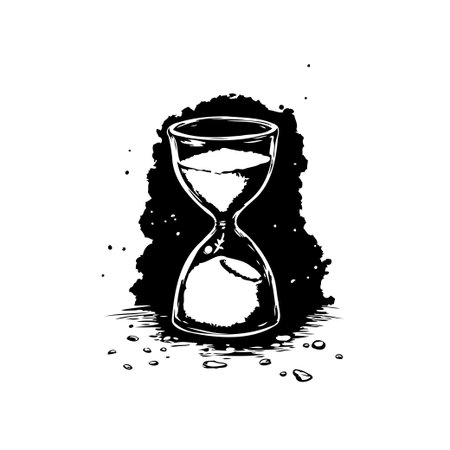 A minimalist, monochrome drawing showcases an hourglass with sand flowing, emphasizing time's...