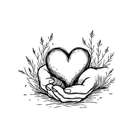 This delicate illustration depicts cupped hands gently holding a heart shape surrounded by minimal foliage, suggesting themes of love, care, and protection. It evokes feelings of tenderness,のイラスト素材