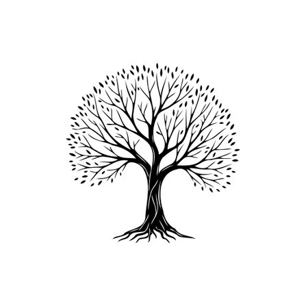 A striking isolated silhouette of a lush tree, artistically rendered with intricate branching and a robust root system. This evocative monochrome image symbolizes growth, resilience, and theのイラスト素材