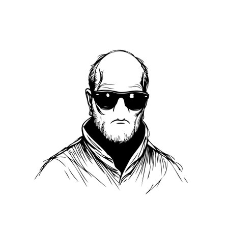 A stark monochrome drawing presents a serious bald man, his beard and sunglasses adding an air of mystery. The portrait captures an intense and confident individual, making a bold style statement.のイラスト素材