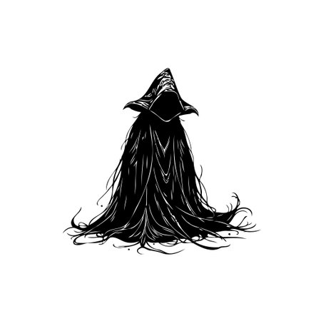 An unsettling illustration depicts a dark, hooded figure shrouded in a heavy cloak. The minimalist monochrome style emphasizes the figure's mysterious nature, creating a sense of foreboding andのイラスト素材