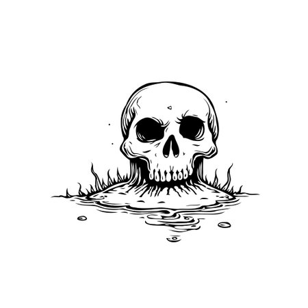 A detailed monochrome illustration presents a skull seemingly melting or dissolving into a swirling liquid substance. The artwork evokes a sense of decay death and the ephemeral nature of existence.のイラスト素材