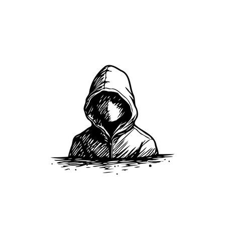 A stark black and white illustration presents a hooded figure, its face obscured in shadow, evoking an atmosphere of mystery and anonymity. The sketch-like style adds to the sense of the unknown,のイラスト素材