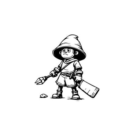 A monochrome illustration showcases a young adventurer boy, donned with a broad hat and armed with a spear and bag. Depicting a scene of childhood journey, his courageous spirit is evident as heのイラスト素材