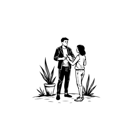 This minimalist illustration depicts a couple deep in conversation within a natural setting. The monochrome palette and simple outlines highlight their connection and create an aura of intimacy andのイラスト素材