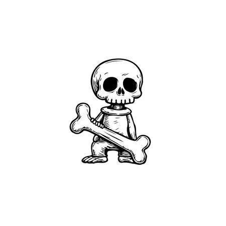 A charming illustration of a cartoon skeleton holding an oversized bone, creating a lighthearted and amusing visual. The simple yet effective design captures a playful essence, making it a memorableのイラスト素材