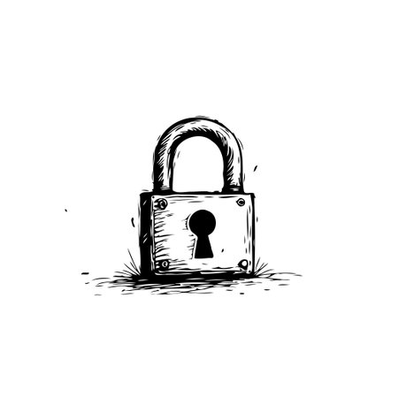 A simple black and white illustration of a closed padlock, rendered in a vintage style, conveys concepts of security, protection, and safety. The hand-drawn style adds an element of authenticity andのイラスト素材