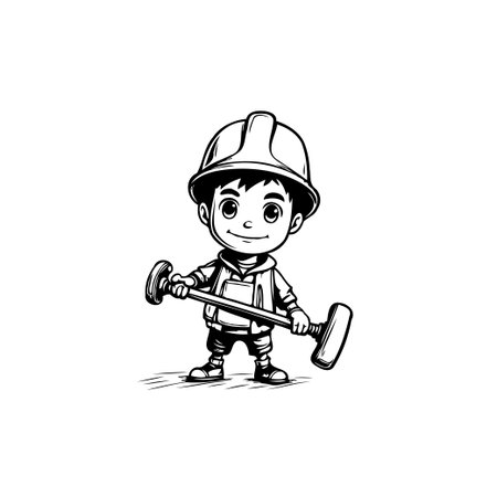 A charming illustration showcases a young boy confidently donning a construction helmet and wielding a mallet tool. This image symbolizes themes of childhood ambition, future professions,のイラスト素材