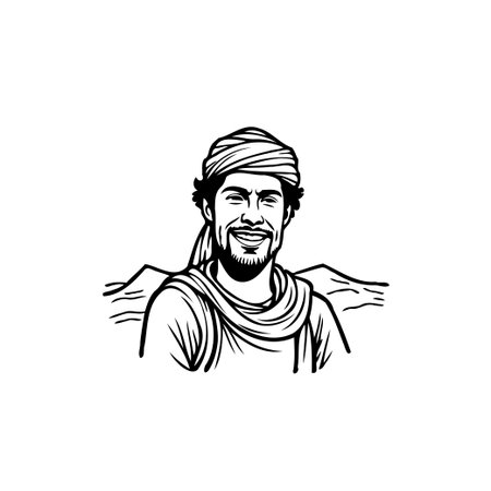 A striking monochrome illustration of a smiling middle eastern man, adorned with a traditional headscarf. Set against a simplified desert background, this image conveys authenticity and culturalのイラスト素材