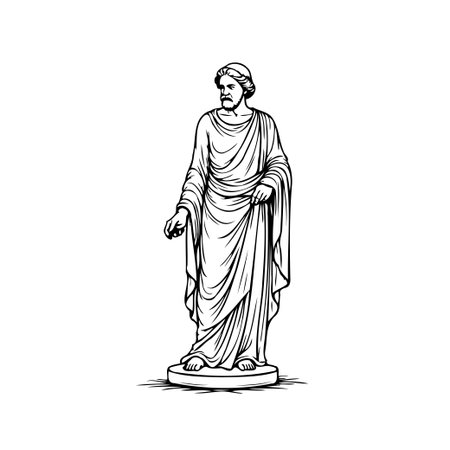 A monochrome illustrative depiction of an ancient roman emperor statue, showcasing its toga clad figure. The artwork captures the historical essence and artistic refinement, presenting a moment ofのイラスト素材