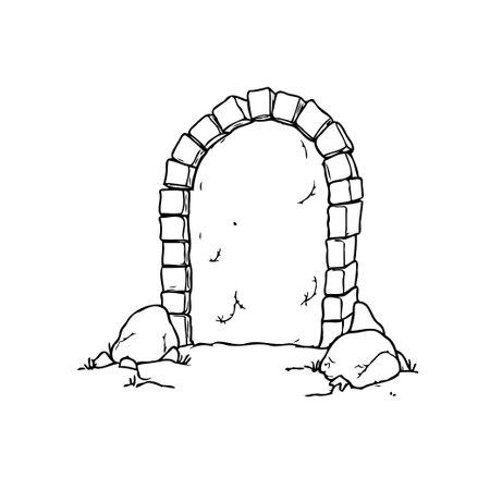 An illustration of a stone archway beckons with its weathered texture and mystical air. The drawing portrays an ancient threshold, hinting at a forgotten realm and offering a passage into a world ofのイラスト素材