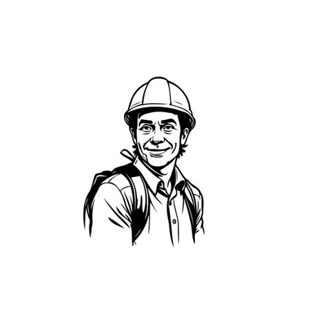 Monochromatic line art portraying a cheerful construction worker, showcasing industry expertise and dedication. The image highlights a confident foreman in safety gear, embodying professionalism andのイラスト素材