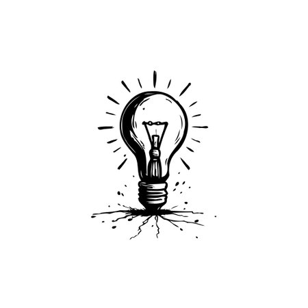 A minimalistic artistic rendition showcasing a lightbulb design with radiating lines, representing innovation and the birth of new ideas. The monochrome illustration features an energized symbol ofのイラスト素材