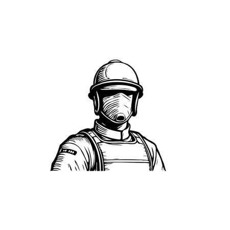 A monochrome vector illustration portrays a worker wearing protective gear, including a helmet and mask, emphasizing occupational safety in industrial settings. It symbolizes a commitment to workerのイラスト素材