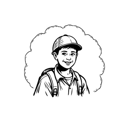 This illustration depicts a smiling young student wearing a cap and backpack, ready to embark on an educational journey. The hand-drawn style adds a touch of innocence and enthusiasm to the image,のイラスト素材
