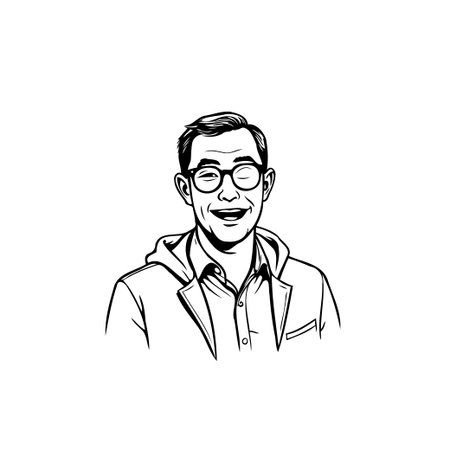 A monochrome sketch captures a joyful man with glasses, radiating a cheerful expression. The man's smiling and amiable disposition conveys friendliness. The minimalist style emphasizes the subject'sのイラスト素材
