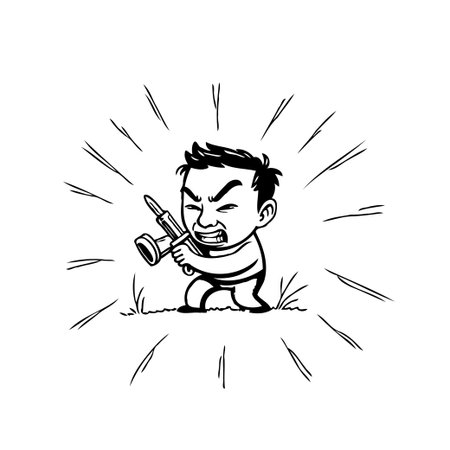 A monochrome cartoon depiction features a person with an exaggerated expression gripping a toy gun. The character's determined face adds an element of humor. The stark contrast and simple linesのイラスト素材