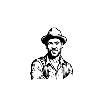 Detailed vector illustration of a stylish man with a hat and beard. A portrait featuring refined lines and shading evoking a blend of vintage charm and contemporary fashion, creating a distinguishedのイラスト素材