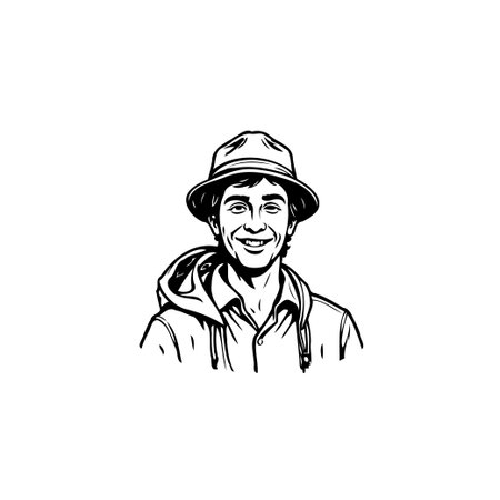 A friendly looking young man, sketched in a cartoonish style, sports a fedora and a hooded jacket. His cheerful smile and bright eyes suggest a happy and positive demeanor. The monochrome drawing isのイラスト素材