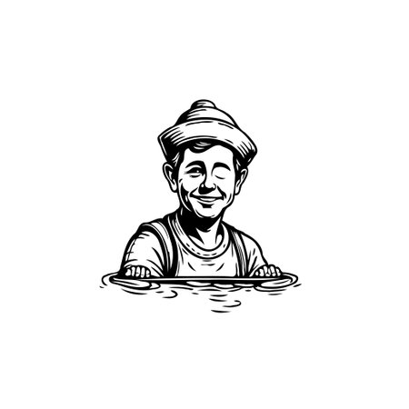 A monochrome illustration captures the essence of childhood joy, featuring a smiling young boy enjoying a refreshing swim. The vintage style artwork evokes feelings of nostalgia and simple pleasure,のイラスト素材