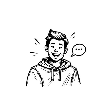 An expressive sketch illustration captures a cheerful young person, radiating happiness with a bright smile. A thought bubble signifies communication and inner thoughts, making it ideal forのイラスト素材