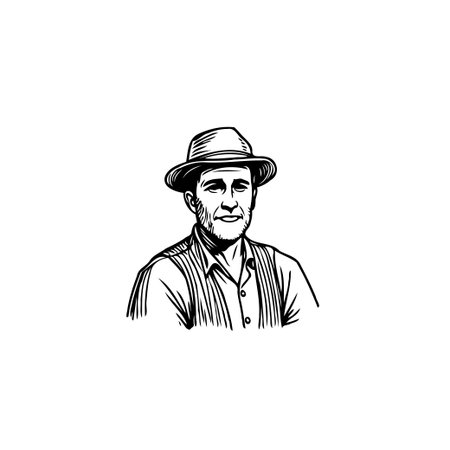 A detailed monochrome illustration showcases a distinguished gentleman with a classic hat. The vintage style and hand-drawn features evoke a sense of nostalgia and rustic elegance, perfect forのイラスト素材