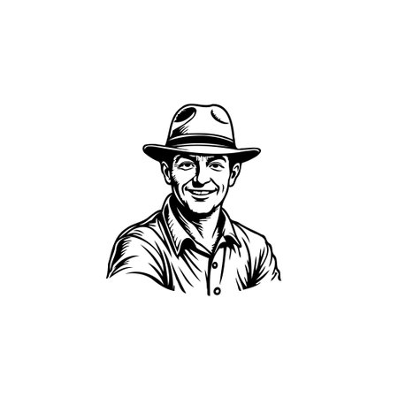 A retro-inspired monochrome portrait shows a smiling man wearing a hat. The simple line art style conveys a feeling of nostalgia. Expressive artwork captures a cheerful face and projects a mood ofのイラスト素材