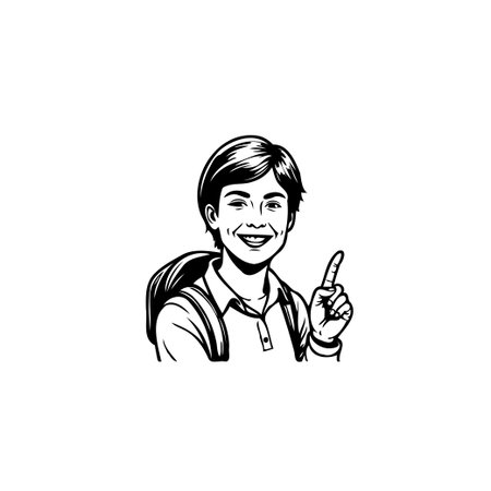 An illustration portrays a happy boy with a backpack, energetically pointing upwards. This symbolizes learning, innovation, and conveying an important idea or concept with excitement and clarity.のイラスト素材