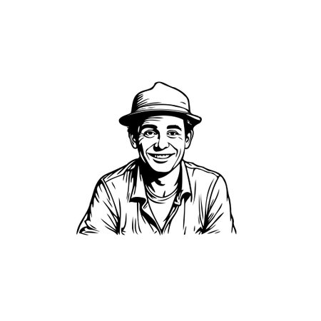 A delightful illustration showcases a smiling man with a hat.The artwork captures a sense of cheerfulness and individual style. The simple, yet detailed, line art conveys a modern aesthetic,のイラスト素材
