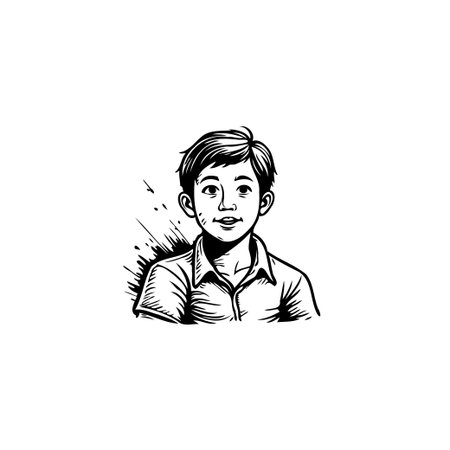 An attractive monochrome sketch displays a young boy's portrait. His confident expression is captivating, complemented by a happy smile. The clean lines and basic style emphasize his youthfulのイラスト素材