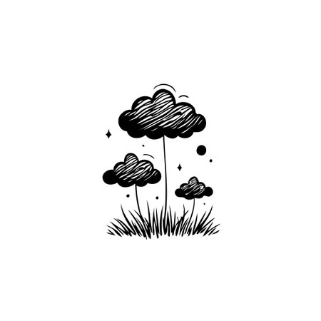 Stylized monochrome illustration depicting a whimsical cloudscape with long, textured grass. The drawing evokes a sense of peace and tranquility, capturing the dreamlike quality of nature in aのイラスト素材