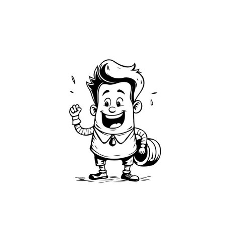 A dynamic illustration of a cartoon character showing excitement and empowerment after a workout session. The black and white design emphasizes the cheerful expression and sense of accomplishment,のイラスト素材