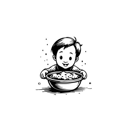 A delightful illustration captures a happy toddler eagerly enjoying a meal from a bowl. The child's bright eyes and cheerful expression radiate innocence and joy, showcasing the simple pleasure ofのイラスト素材
