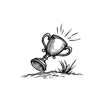 An engraved illustration of a trophy, symbolizing success and victory, is presented on grassy ground. The artwork captures the essence of achievement and recognition, with a simple yet stylishのイラスト素材