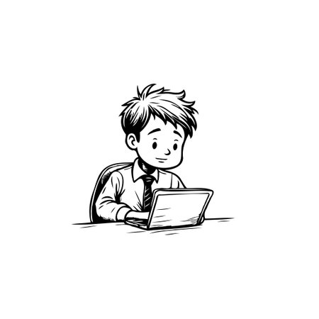 This stylized drawing depicts a young professional deeply engaged with a laptop, capturing the essence of focus in a modern work setting. The artwork illustrates determination and the pursuit ofのイラスト素材