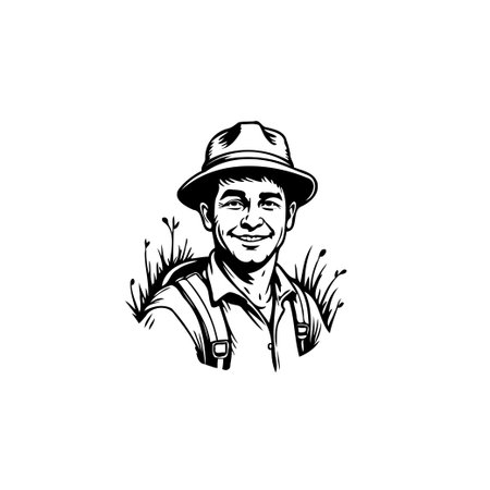 A black and white illustration depicts a smiling man in a hat and suspenders, set against a backdrop of stylized natural elements. The drawing has a vintage feel, suggesting a rustic, outdoor theme.のイラスト素材