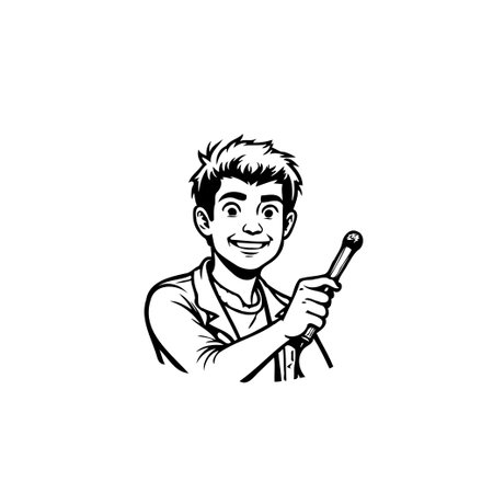 A cheerful young man is depicted holding a microphone, expressing a positive and enthusiastic demeanor. This graphic illustration conveys the concepts of performance, communication, and vocalのイラスト素材
