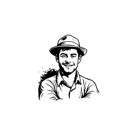 This illustration features a smiling man wearing a hat, embodying the spirit of a farmer. The black and white design evokes a sense of rustic charm and approachable warmth, perfect for representingのイラスト素材