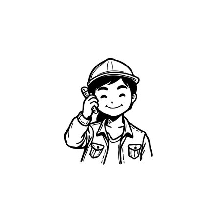 A cheerful construction worker wearing a hardhat is happily chatting on the phone. This vector illustration captures the essence of modern communication in the construction industry, showcasingのイラスト素材