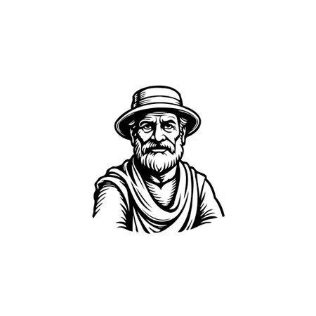 This artistic illustration captures the essence of an elderly man with a beard, adorned with a hat in a vintage style. The monochrome aesthetic and detailed linework creates a distinguished andのイラスト素材