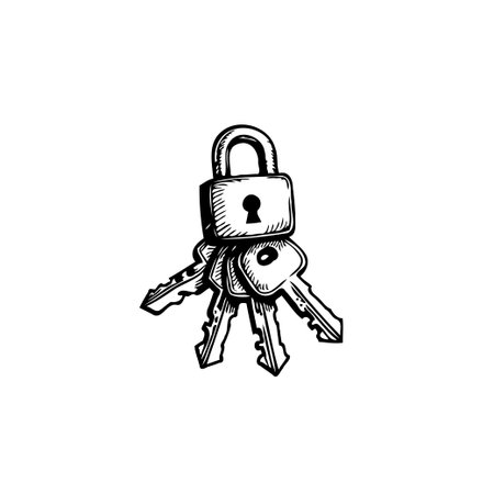 A hand-drawn vintage illustration shows a padlock with a set of keys. The image evokes concepts of security, protection, access, and the idea of unlocking possibilities or securing valuable assets.のイラスト素材