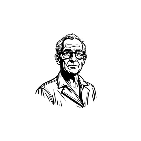 A monochrome sketch portrait features an elderly man with glasses, his face etched with wrinkles suggesting wisdom and experience. The detailed linework captures a serious expression, embodying aのイラスト素材
